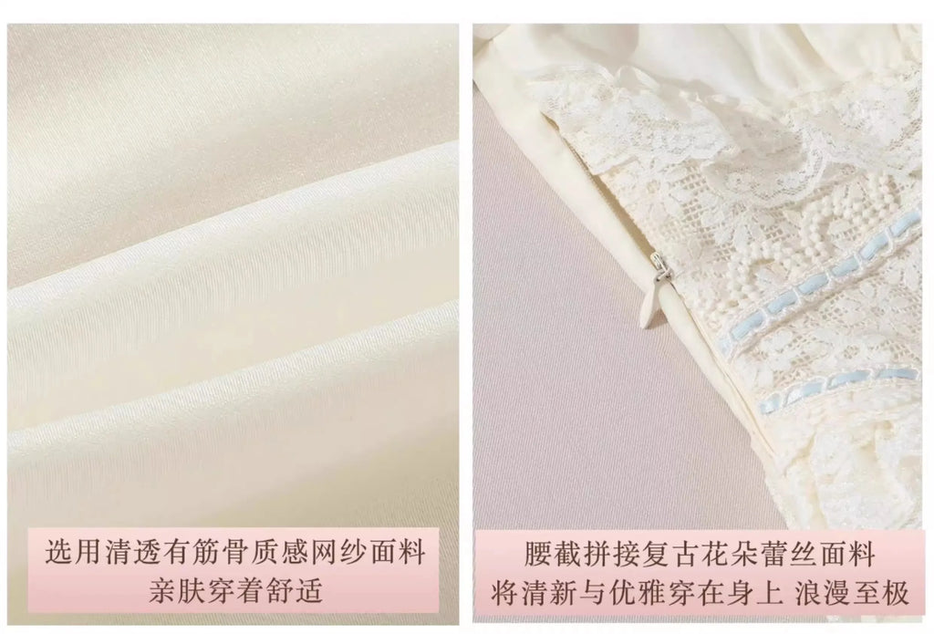 French Countryside Dress Full Lantern Sleeve Long Maxi Ladies XS-XL Vintage High Waist Lace Slash Neck White Lace Up 2025