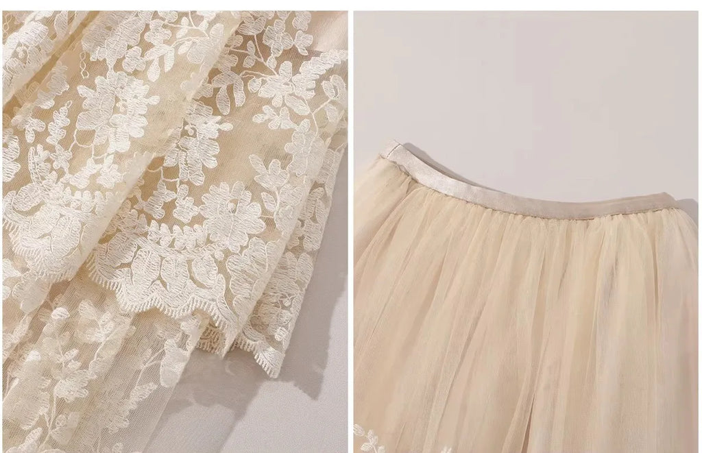 The Rosebud Versailles Lace Set | Pink Bustier & Shimmer Beige Maxi Skirt | Embroidered Two-Piece Gown | Parisian Princess