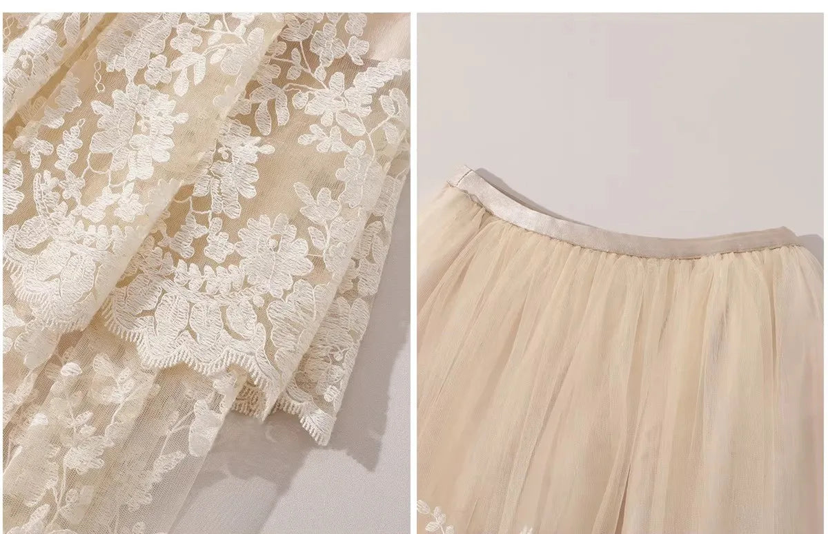 The Rosebud Versailles Lace Set | Pink Bustier & Shimmer Beige Maxi Skirt | Embroidered Two-Piece Gown | Parisian Princess