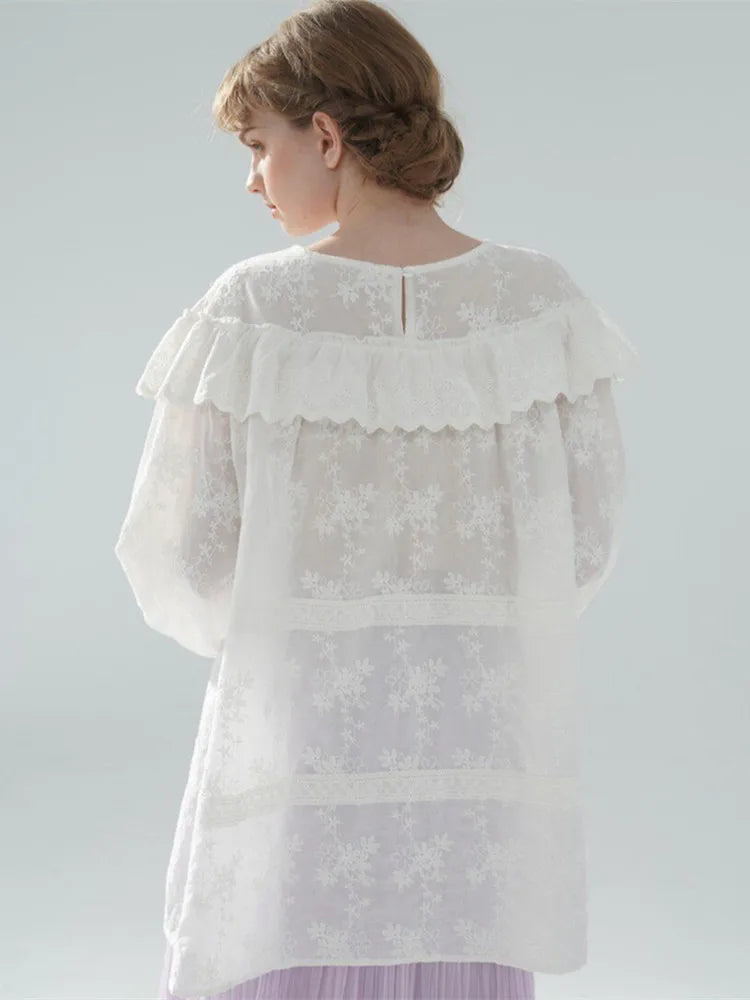 The Summer Floral Breeze Blouse | 100% Cotton Oversized White Top | Handmade 3D Embroidered Loose Lace Top | Parisian Princess