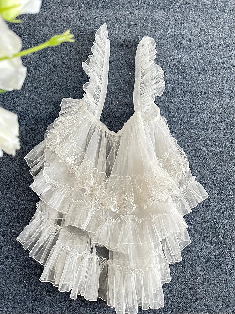 Royal Sweet Lolita Style Mesh Apron Ruffled Sheer Cover up Skirts Women French White Parisian Cute Princess Skirts