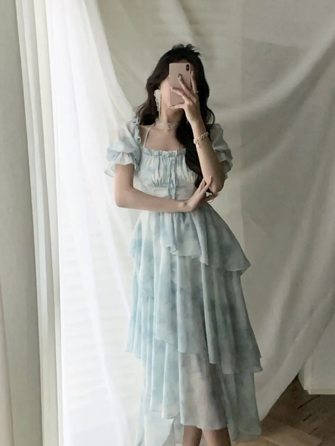 The Giverny Chiffon Gown | French Floral Empire Dress | Square Collar Fold-Detail Midi | Parisian Princess