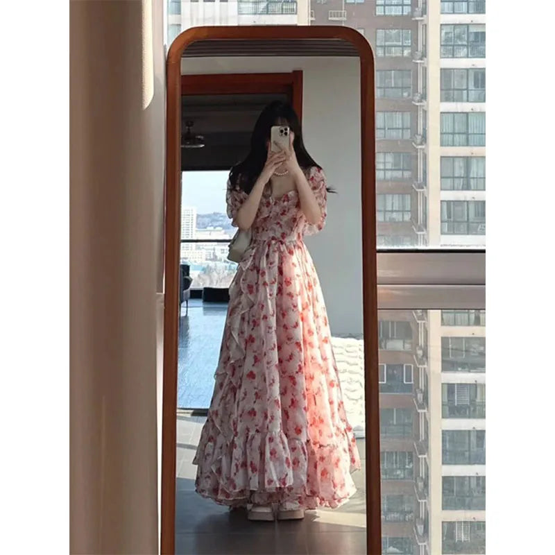 Parisian French Pink Floral Off-shoulder Dress Atmosphere Sense Vacation Style Tea Break Long Skirt Princess Dress