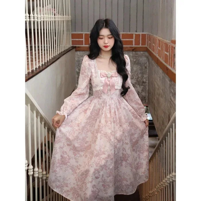 French Sweet Floral Long Sleeve Women's Dress Autumn Elegance Waist Cinched Gentle Fairy Skirt Polyester Fiber Square Collar Ank