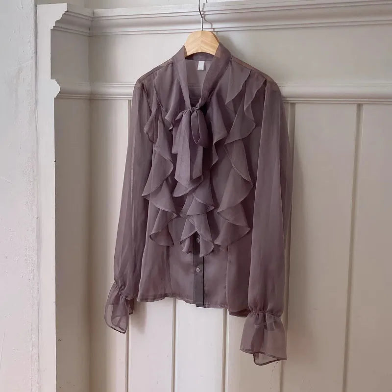 The Adrienne Chiffon Manteau | Parisian Office Lady Silk-Touch Blouse | French Sweet Bow Executive Shirt | Slate Gray Summer Atelier Top