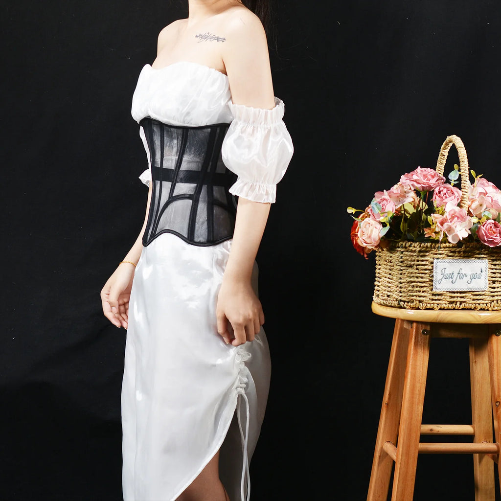 Women Abdomen Tight Corset Crops Under Bust Bustiers Breathable Mesh Waist Girdle With Bones Slimming Lace Up Bodices