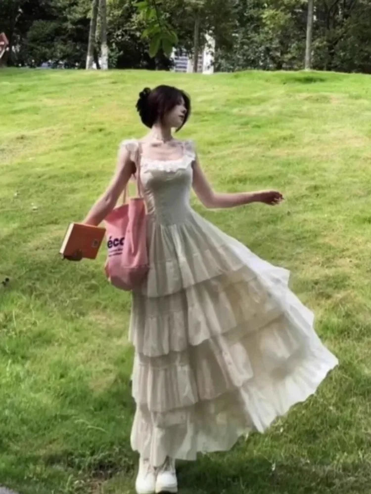 Vintage French Style Ruffles Square Collar Dress Women Summer Holiday Style Sleeveless Fairy Party Dress Fashion Female Clothes