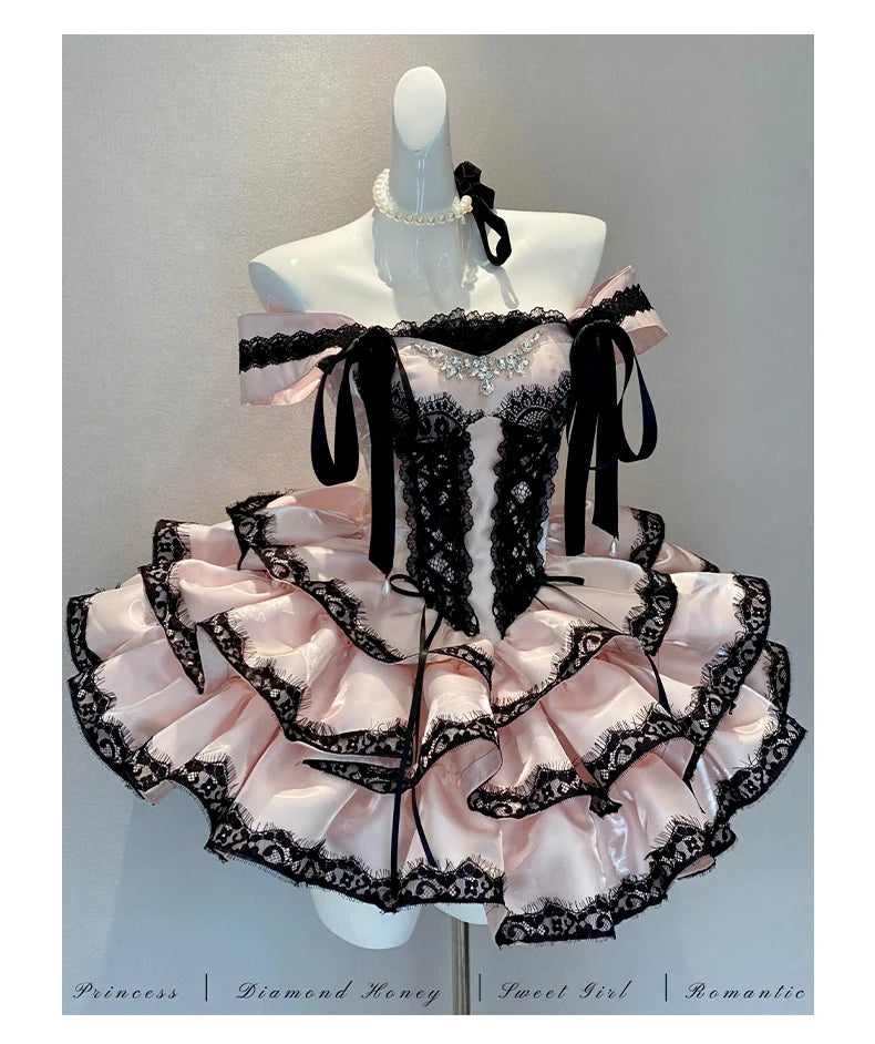 Princess Romantic Date Anniversary Wedding Party Pink Dress Girls Women's Sweet Lolita Halter Off-Shoulder Ball Gown Dresses