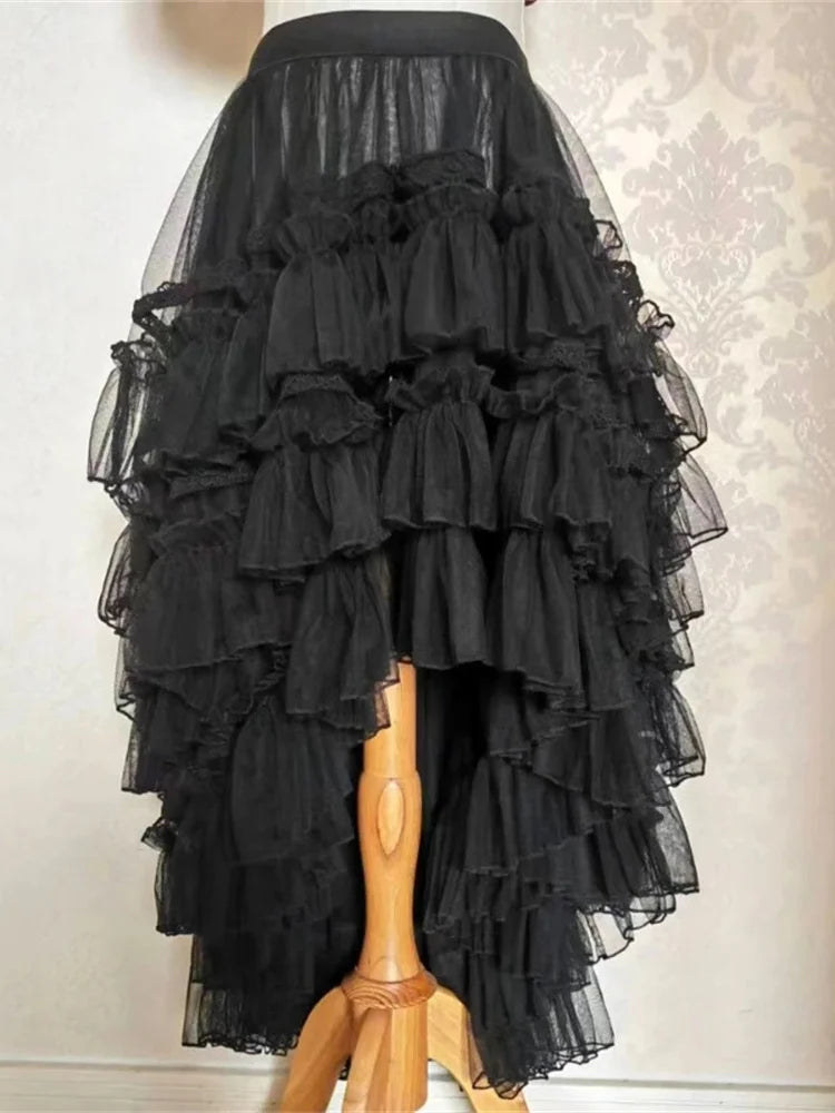 The April Moda High-Low Skirt | Gothic Lolita Lace Layered Midi | French Mesh Ruffle Skirt | Parisian Princess