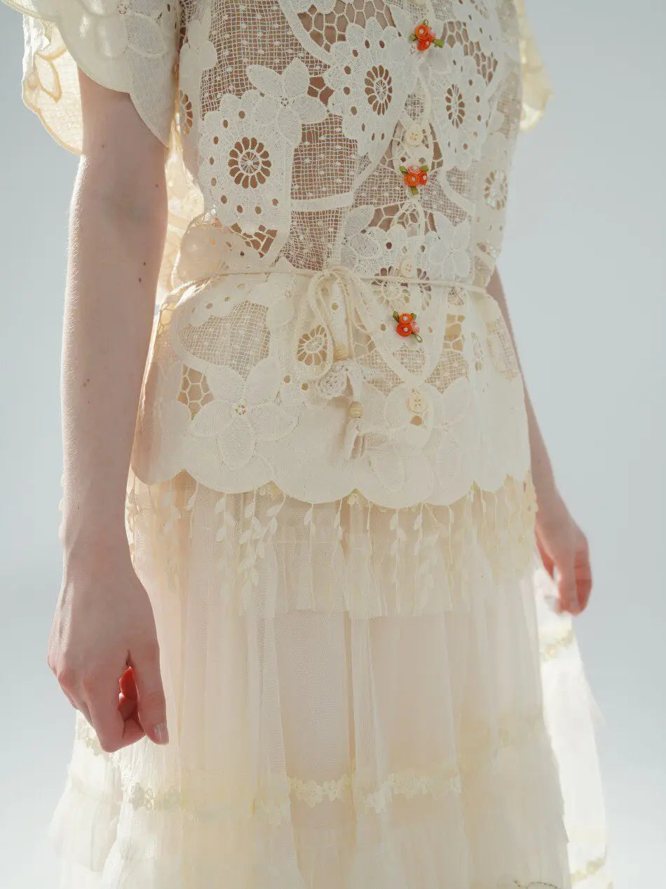 The Palais Cutwork Blouse | Summer Lace Shirt | Handmade 3D Floral All-Over Embroidered Turn-Down Collar Blouse | Parisian Princess