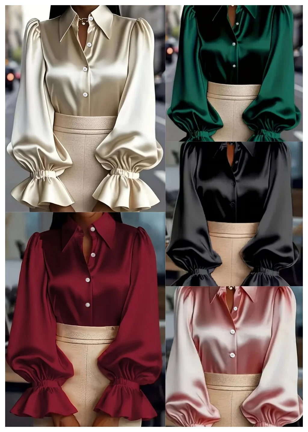The Parisian Executive Satin Blouse | Ruffled Cuff Button-Down | Chic Office & Casual Silk-Touch Top | Parisian Princess