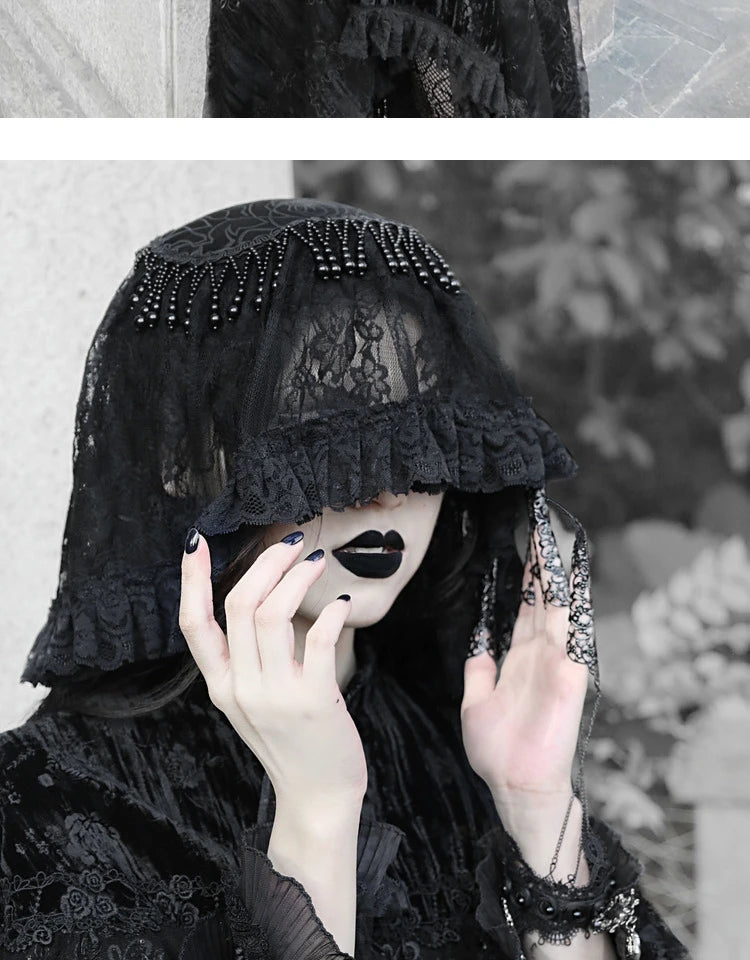 The Gothica Classical Noir Headdress | Heavy Lace Covering & Dark Veil Headband | Gothic Novelty Hairband | Parisian Princess