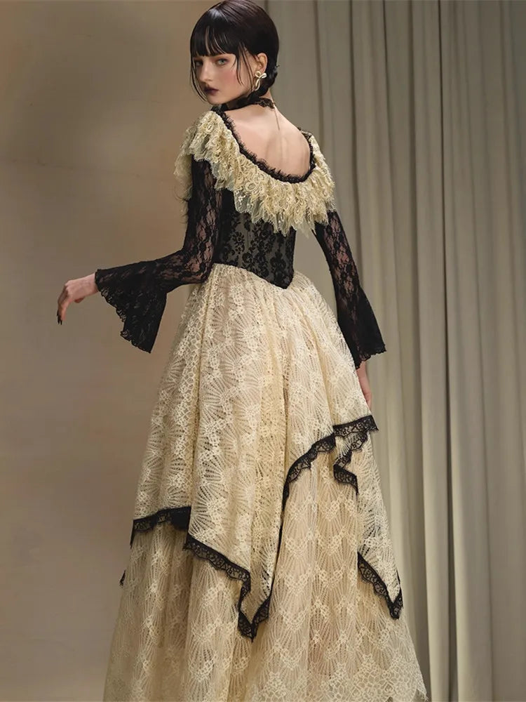 Parisian Lace Maxi Dresses Women Vintage Elegant Slim Luxury Lace Fishbone Dress Birthday Party Evening Dresses