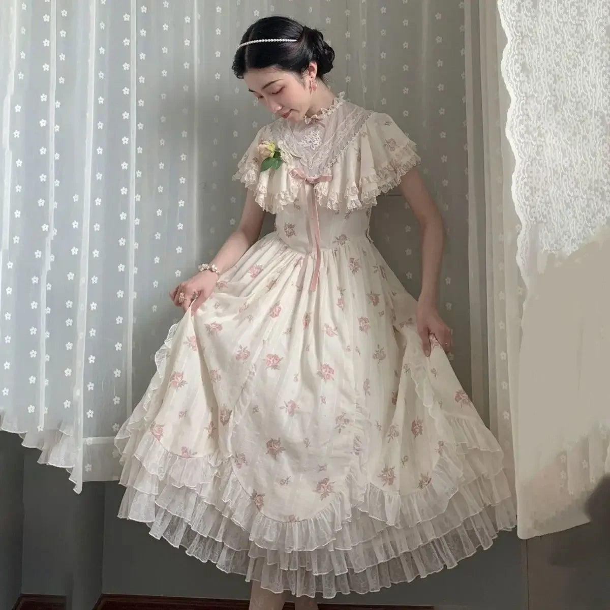 The Chantilly Chateau Floral Mini | Cloak Sleeve Lace Fairy Dress | Parisian Sweet Lolita | Parisian Princess