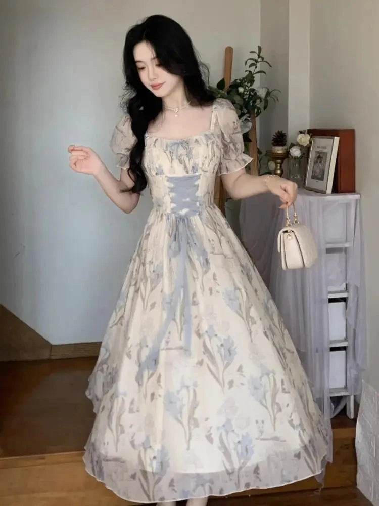 The Trianon Fairy Midi | Parisian Lace Puff Sleeve Princess Gown | Summer Fairycore A-Line Party Dress | Parisian Princess