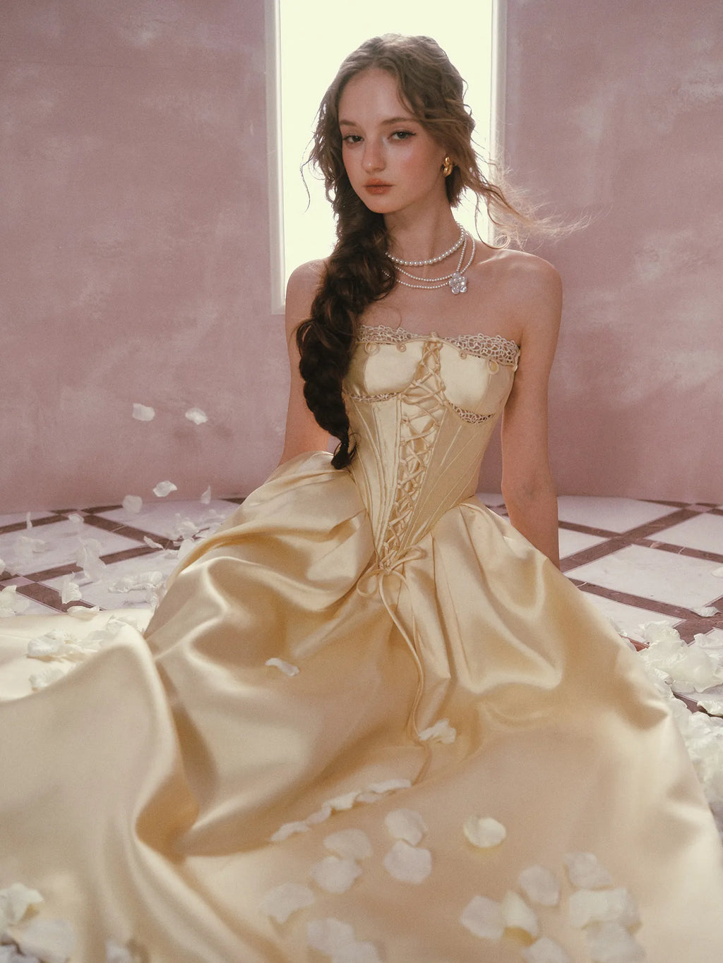 The Lemondrop Love Belle Gown | French Chic Elegant Slim Lace Corset Dress | Strapless Empire Waist Satin Maxi | Parisian Princess