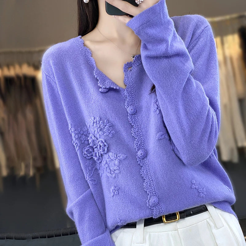 🧶✨ The Imperial Cashmere Crochet Cardigan ✨🧶Women's 100% Pure Cashmere Cardigan round Neck Hand-Embroidered Crochet Loose Lazy Sweater Knitted Coat for Fall Winter