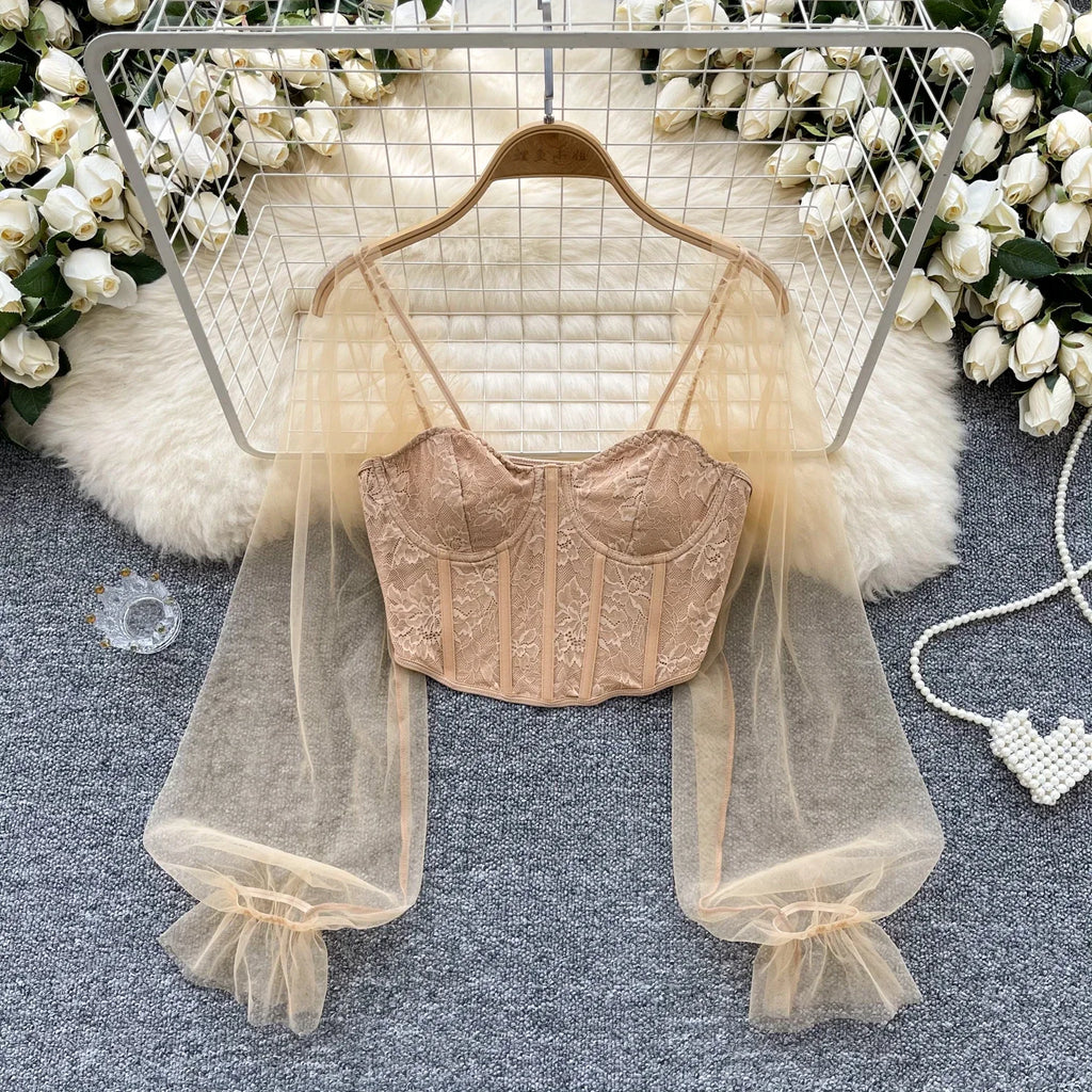 Women Chic Lace Mesh Sheer  Long Sleeve Backless Crop Top Solid Slim Parisian French Fashion Summer Women Shirt Square Collar