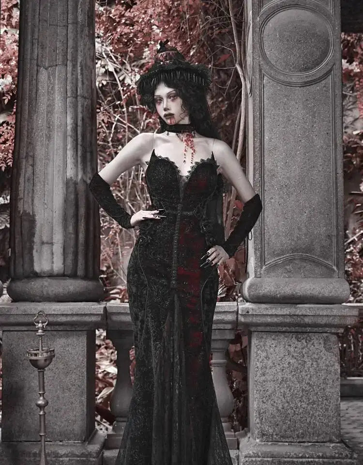 The Scarlet Blood Peak Manteau | French Gothic Dark Heart Velvet Gown | Glitter Mermaid Cosplay Dress | Winter 2024 Atelier Collection