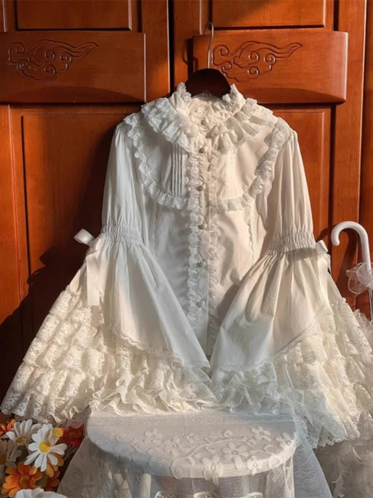 French Parisian Cute Lolita Flare Sleeve Shirt Parisian Aesthetic Lace Patchwork Blouse Tops Women JK Sweet Loose Blusas