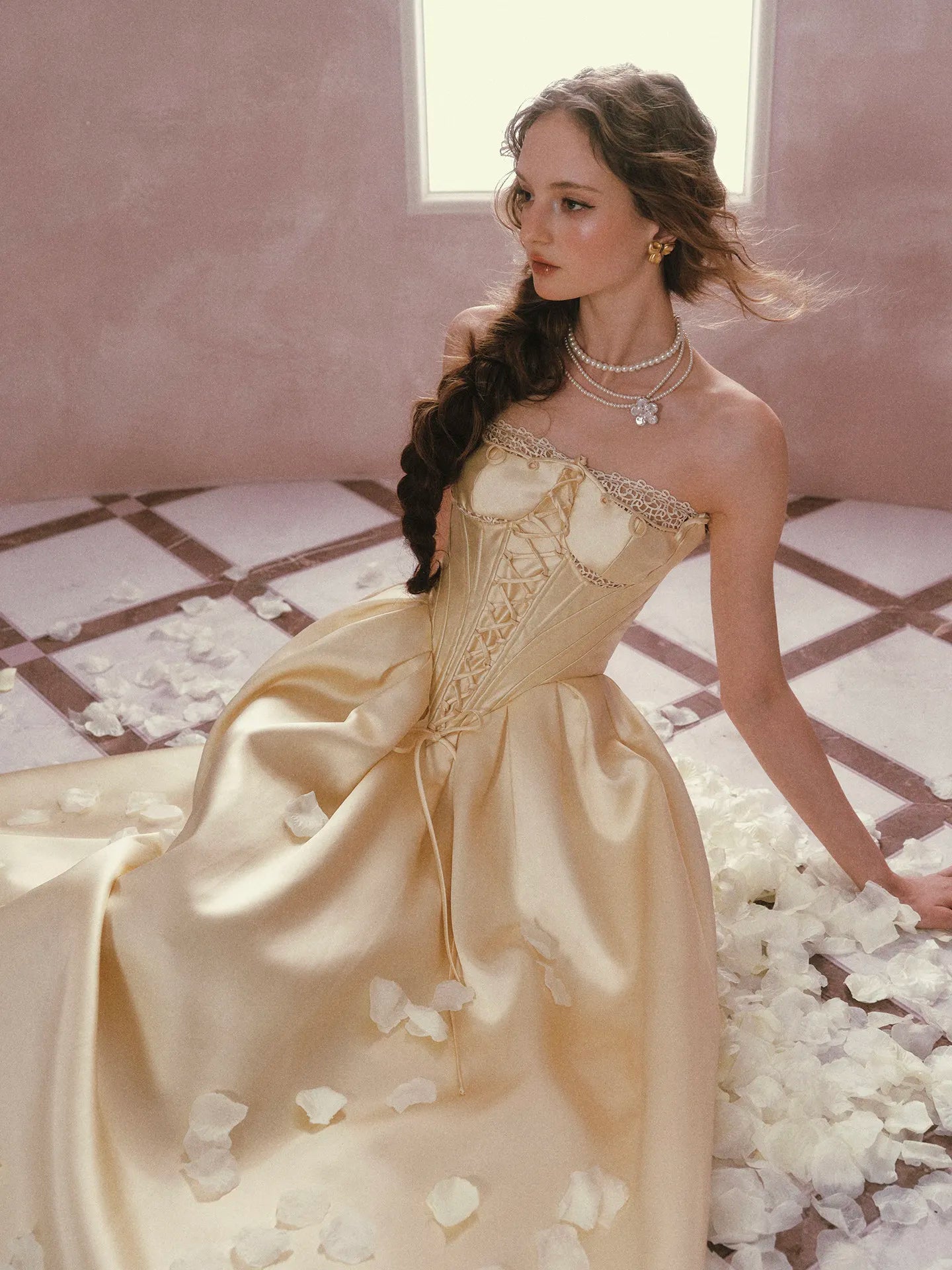 The Lemondrop Love Belle Gown | French Chic Elegant Slim Lace Corset Dress | Strapless Empire Waist Satin Maxi | Parisian Princess