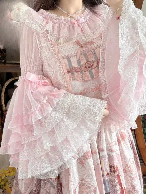 French Lolita Flare Sleeve Sweet Bow Shirt Parisian Aesthetic Slash Neck Lace Patchwork Blouse Women Loose Grunge Ruffled Blusas