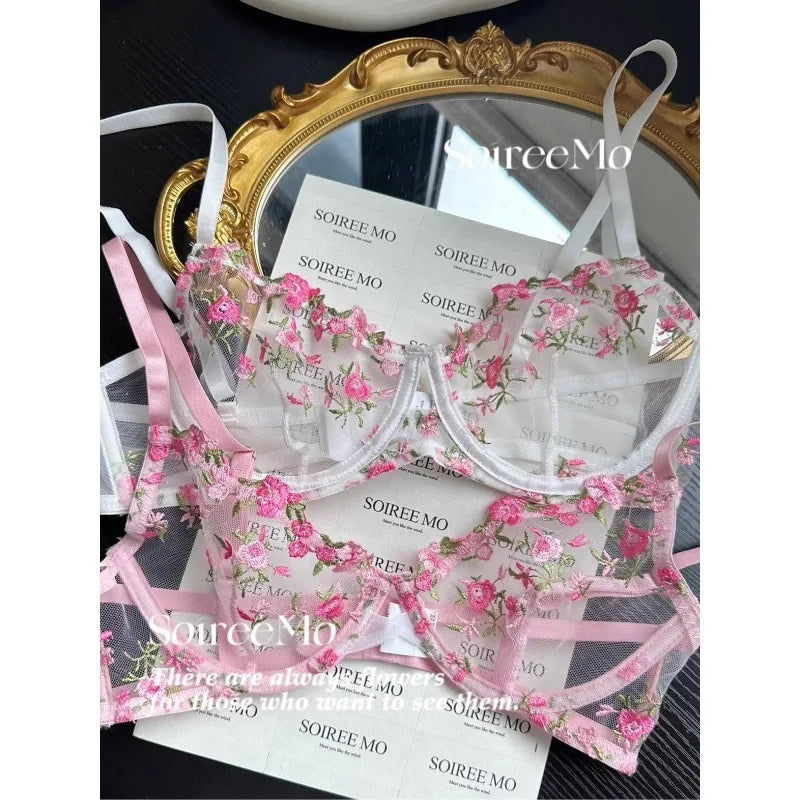 Parisian French Lingerie Set Sheer Tulle, Pink Floral Embroidery Bra Bralette, Sexy Pure Matching Set BANERDANNI Sexy Tushy Bras