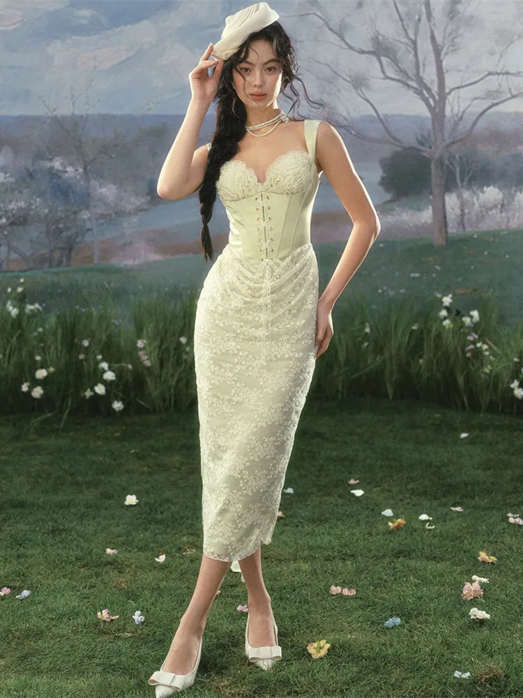 The Aubergine Limeberry Gown | French Elegant Slim Luxury Satin Princess Dress | Lace Strapless Empire Mid-Calf Dress | Parisian Princess
