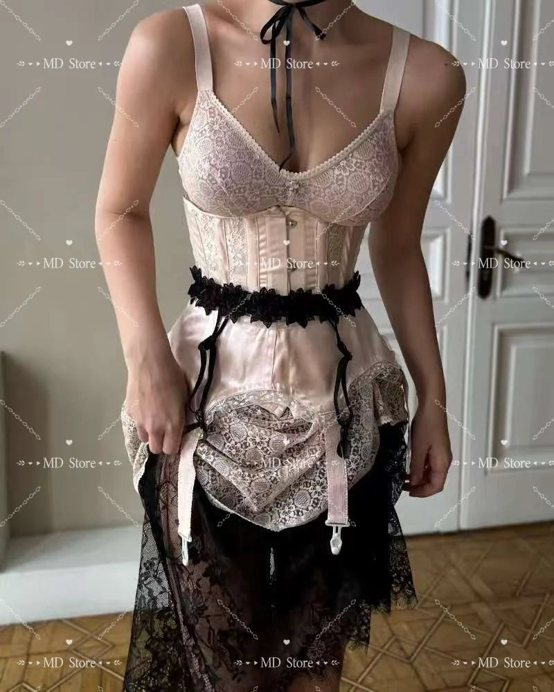 The Pink Contrast Noir Corset Dress | Vintage V-Neck Corset | Short Lace Celebration Mini | Parisian Princess