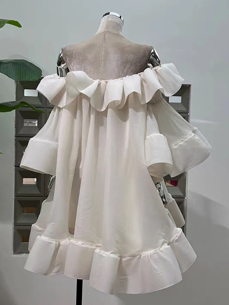 French one-shoulder ruffled strapless dress autumn women's wear princess dress fashionable loose puffy dress