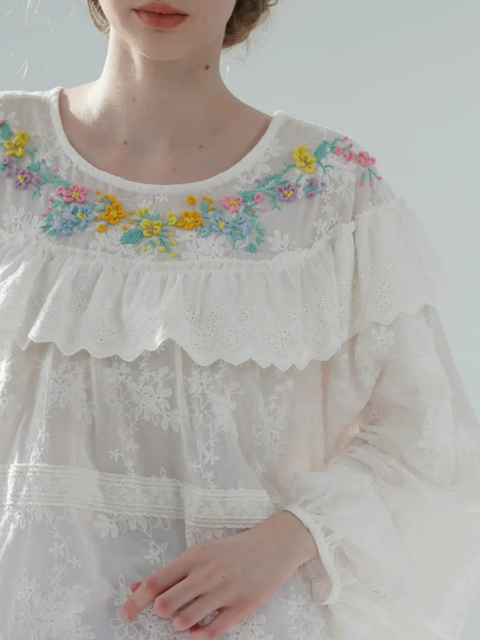 The Summer Floral Breeze Blouse | 100% Cotton Oversized White Top | Handmade 3D Embroidered Loose Lace Top | Parisian Princess