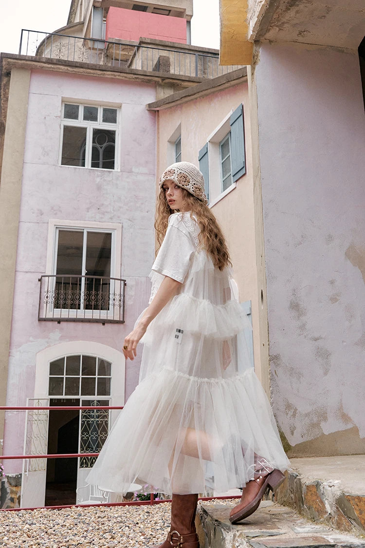 The Toulouse Cotton Lace Dress Set | Sweet Cool Printed T-Shirt & Spliced Maxi | Two-Piece Mesh Dress | Parisian Princess