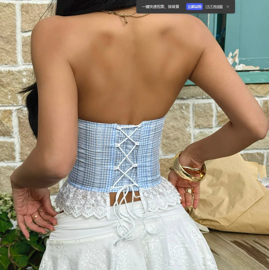 The Gingham Coquette Corset | Off-Shoulder Plaid Lace Trim Bustier | Eyelet Lace Backless Criss-Cross Party Camisole | Parisian Princess
