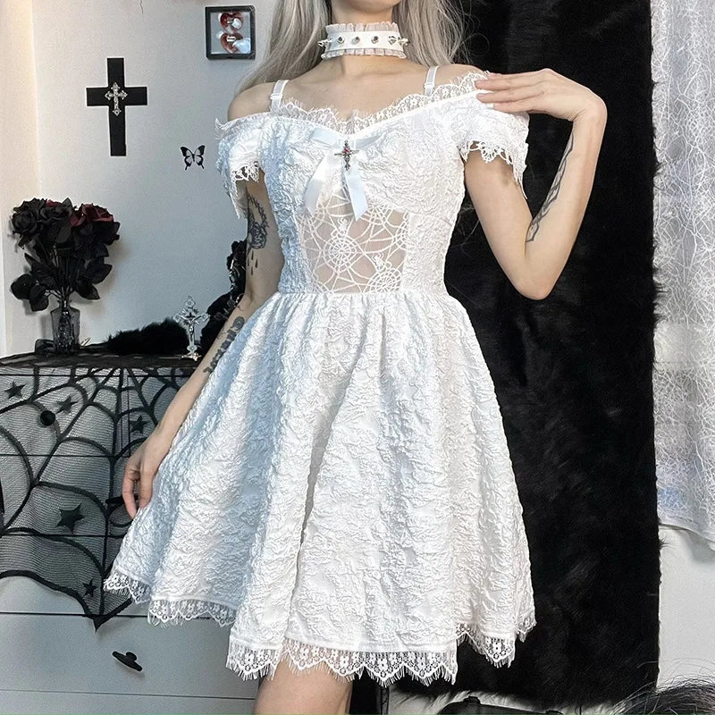 Gothica Lace Short Dress Women Cobweb Patchwork Short Sleeve Cold Shoulder Halloween Outfit Horror Ruffle Trim Costume