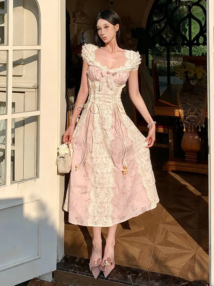 French Fairy Floral Long Party Dress Women Bow Lace-up Puff Sleeves Slim Midi Long Dress Ren Fair Medieval Victorian Costume