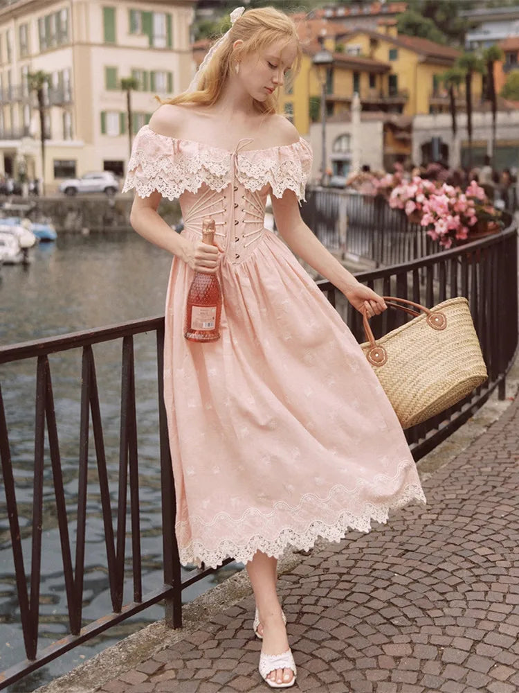 80-102cmSummer Pink Birthday Party Long Dress Women Vintage ElegantSlim Sexy Boat Neck Hollow Out Embroidery Lace Fishbone Dress
