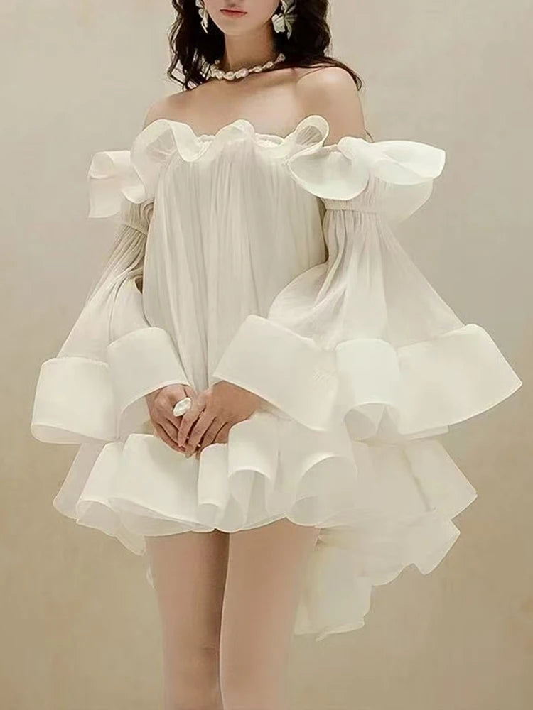 French one-shoulder ruffled strapless dress autumn women's wear princess dress fashionable loose puffy dress