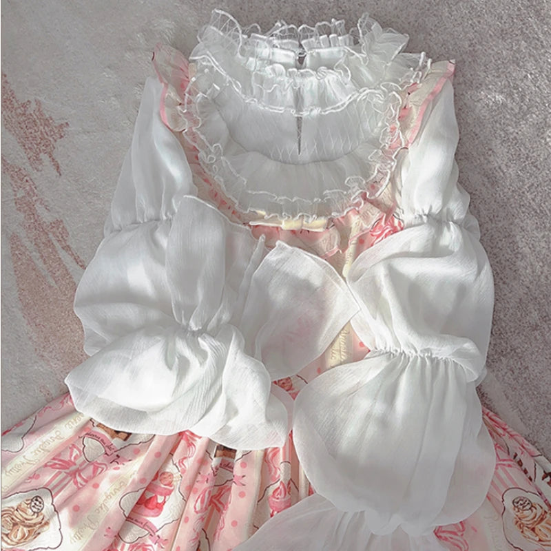 Elegant Vintage Lolita Blouses Women Sweet Cute Hollow Out Mesh Lace Ruffles Princess Shirts Female Gothic Loose Blouse Tops