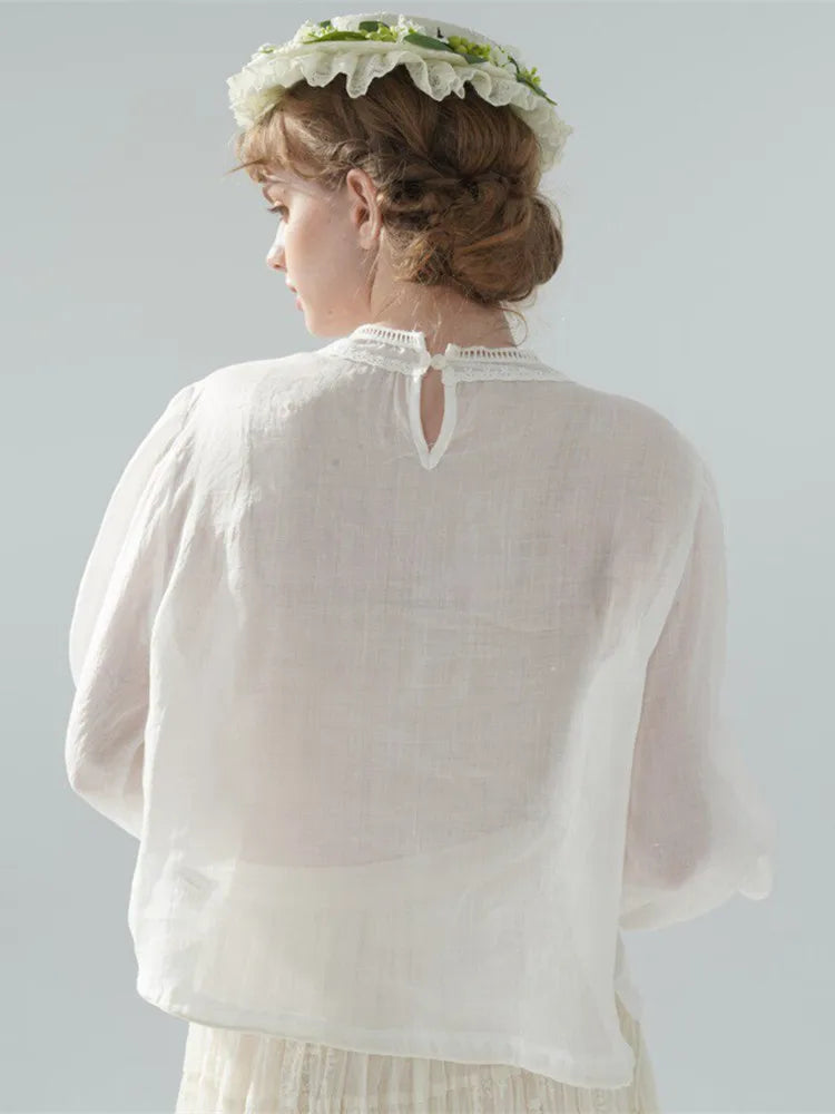 The Palais Rose Ramie Blouse | 100% Ramie Thin White Blouse | French Vintage Handmade 3D Rose Embroidered O-Neck Loose Top | Parisian Princess