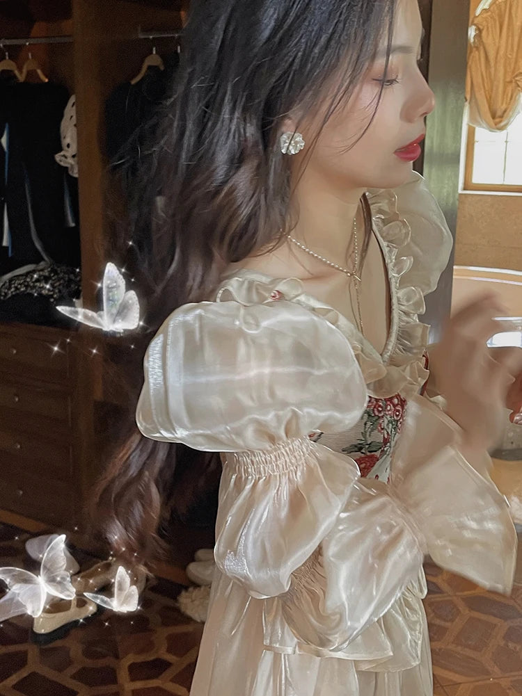 The Trianon Fairy Midi | Vintage Floral Puff Sleeve Prom Dress | Elegant Luxury Print Summer Gown | Parisian Princess