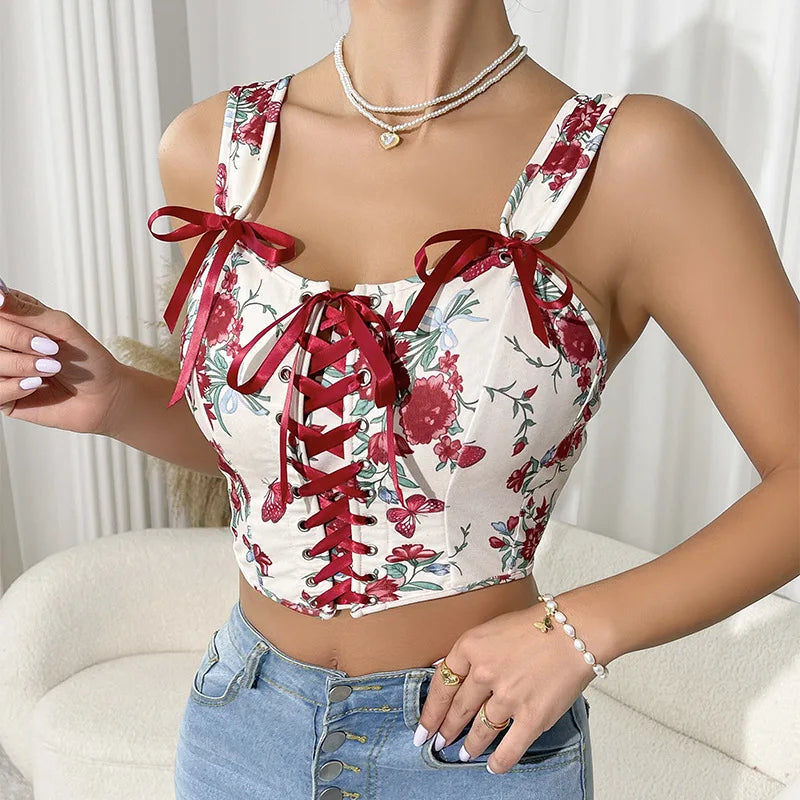 European Vintage Bow Corset Tops Sexy Floral Corset Bustier Crop Top Tank Lace Up Camisole For Women Going Out Outfit Bodyshaper