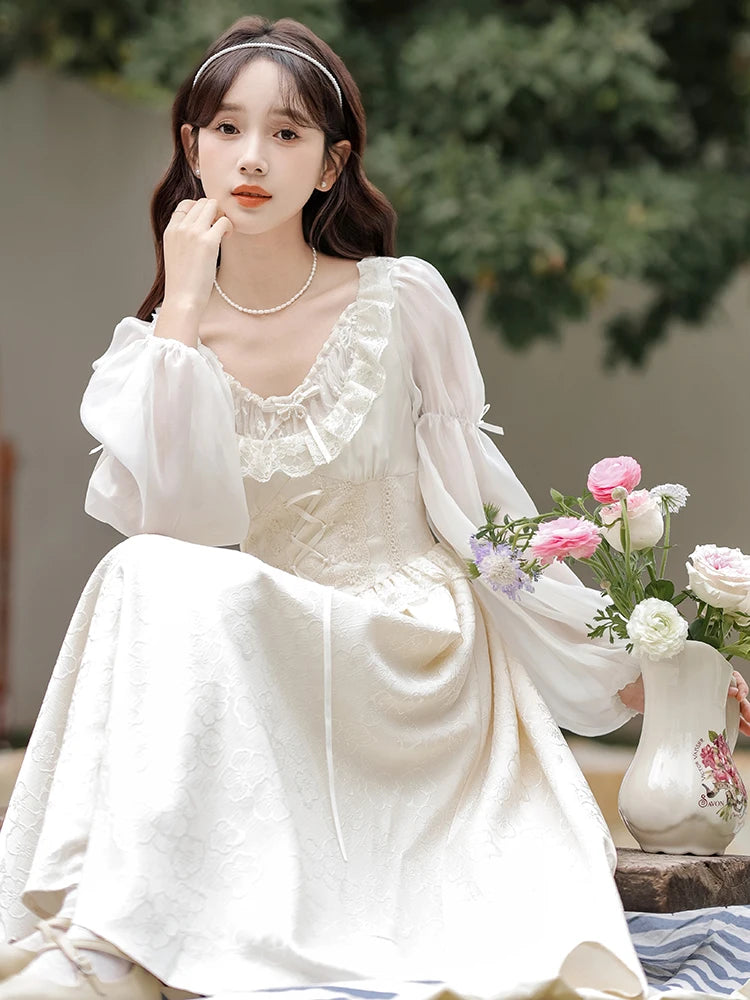 Romantic Lady Fairycore Dresses Vintage Victorian Style Lace Jacquard Lantern Sleeve Lolita Princess Dresses Vestido Festa
