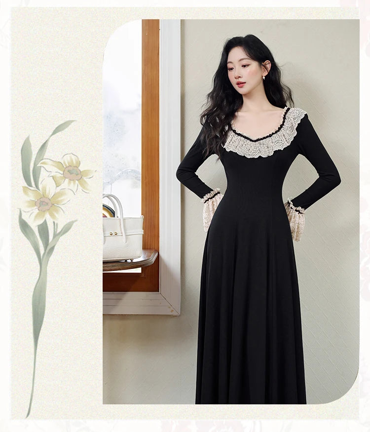 Vintage Black Knitted Basic Dress Woman Retro French Style Lace Collar Flare Sleeve Elegant Lady Long Dresses Vestido Negro