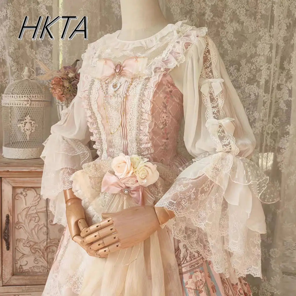 Lolita Long Sleeve Cascading Round Neck Long Sleeve Shirts Women Elegant White Blouses Lace Splicing Loose Chiffon Blusas Girl