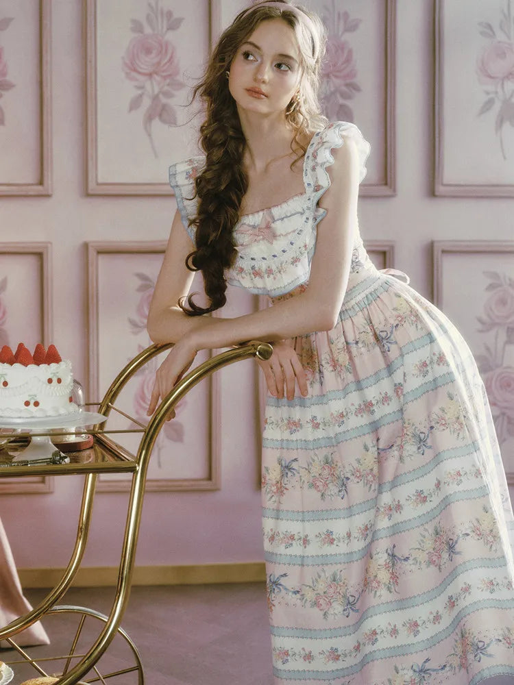 The Petit Ridinghood Dress | Summer Long Pink Floral Dress | 100% Cotton Square Collar Fit & Flare Dress | Parisian Princess