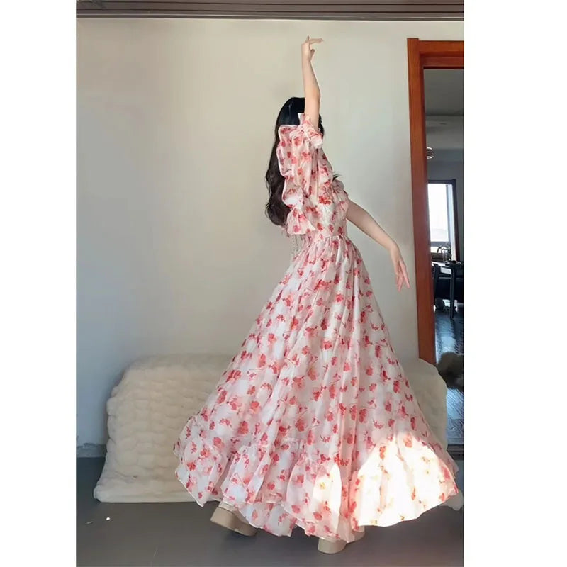 Parisian French Pink Floral Off-shoulder Dress Atmosphere Sense Vacation Style Tea Break Long Skirt Princess Dress