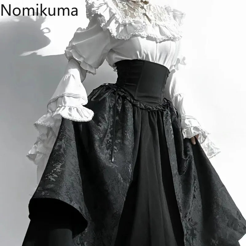 Lolita Style White Blouses Women 2025 Camisas De Mujer Patchwork Lace Flare Sleeve Shirt Y2k Tops Casual Fashion Japanese Blouse