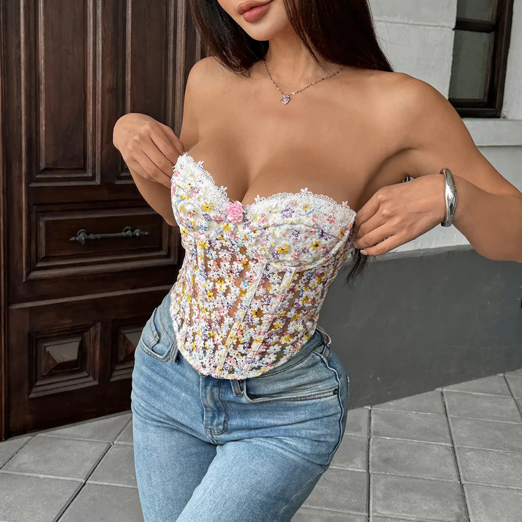 The Versailles Blossom Corset | Floral Hollow-Out Strapless Bustier | Lace-Up Boned Camisole | Parisian Princess