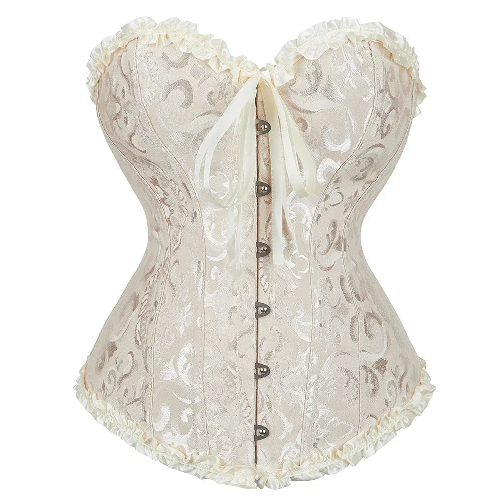 Women Vintage Victorian Corset Bustier Top Lace-up Boned Jacquard Shapewear Weding Lingerie Strapless Sweetheart Corselet
