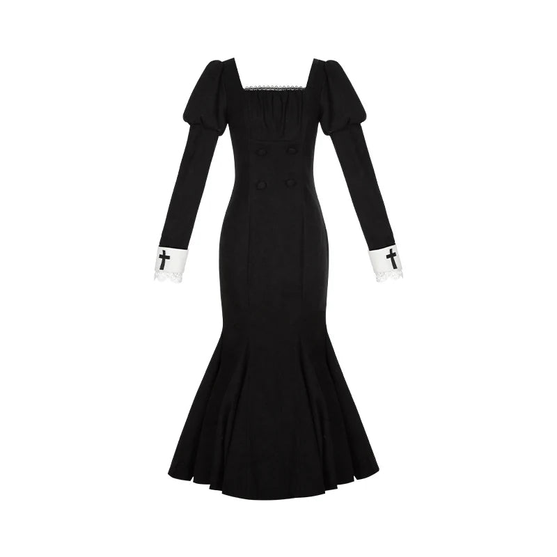 Original French Elegant Court Black Long Mermaid Dresses Op Autumn New Women's Slim Fit Lolita Long Sleeve Dress Gothic Dresses